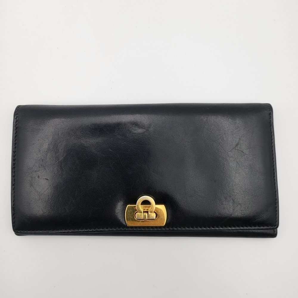 Salvatore Ferragamo Leather Long Wallet Black Gancini,, Authentic..